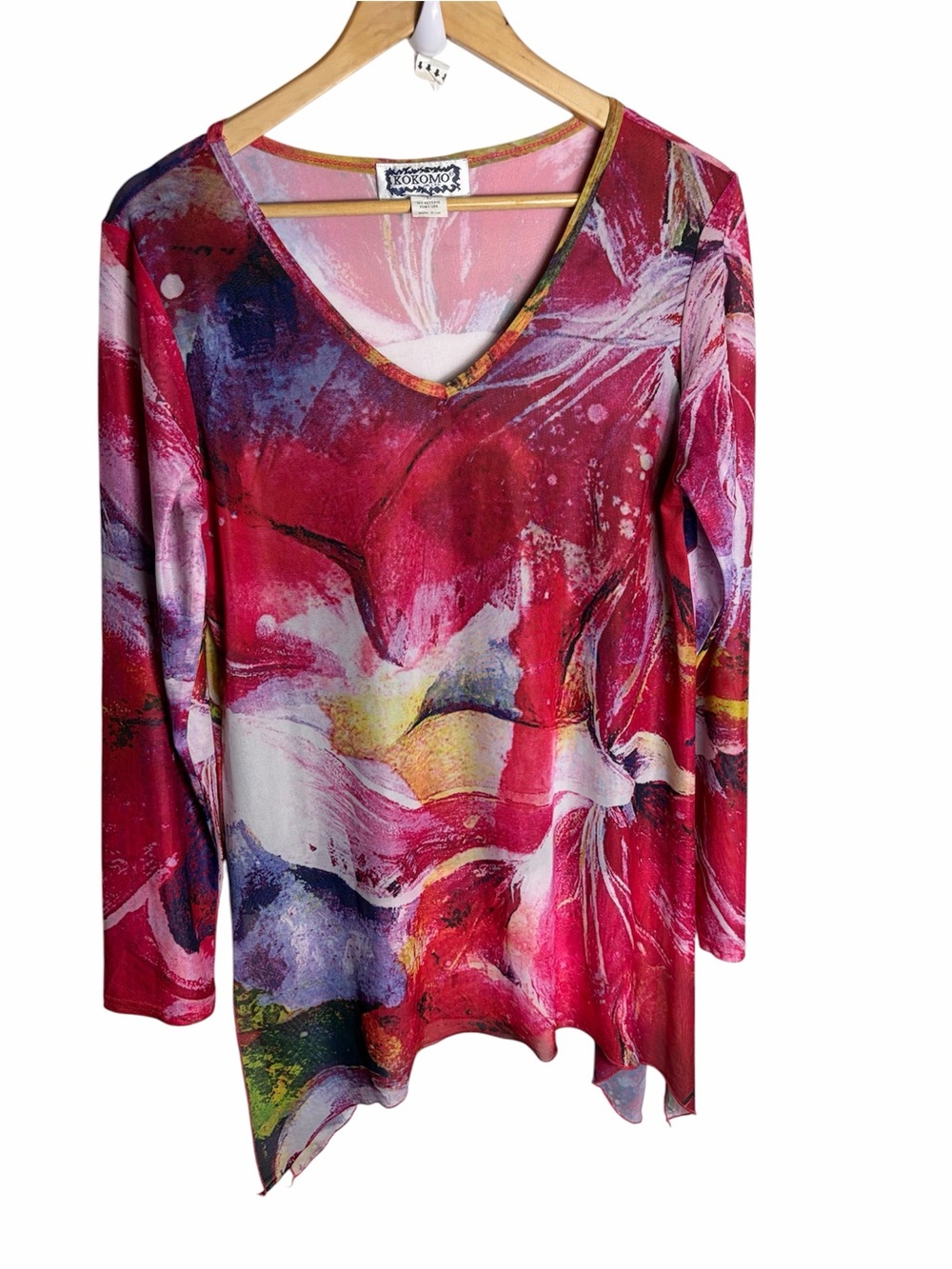 Kokomo unltd Y2K bright floral mesh long sleeve tunic top size L